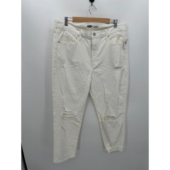 Old Navy Sky Hi Straight Denim Jeans Women 16 White Extra High Rise Distressed - Picture 1 of 8